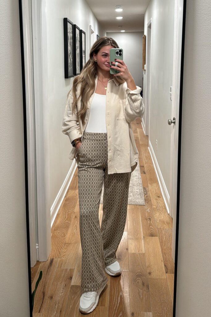 Cream Button-Up with White Tank, and Patterned Pants