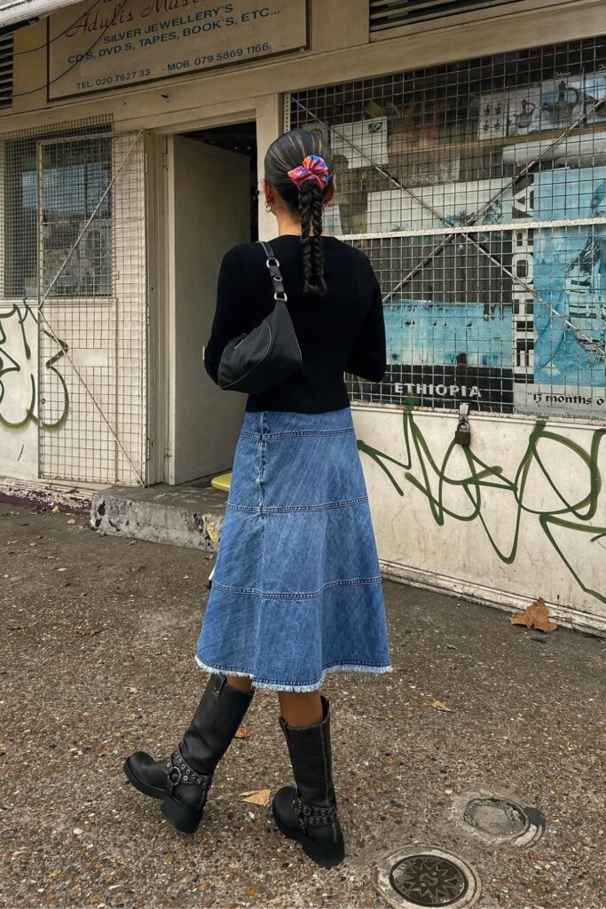 Black Long Sleeve with Denim Midi Skirt, and Knee-High Boots