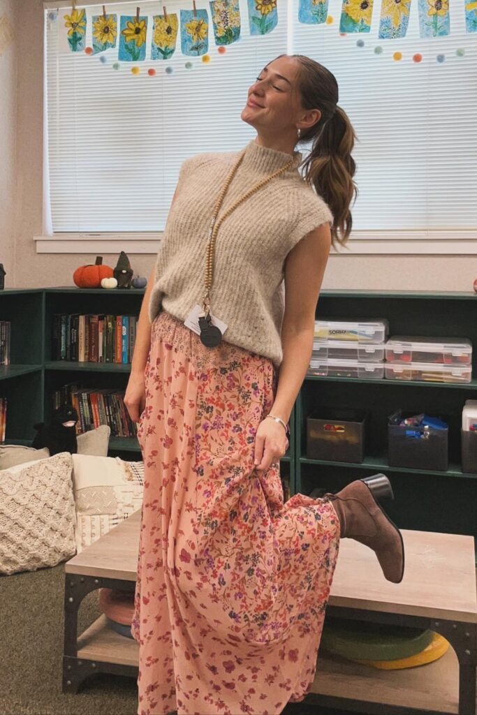 Beige Sweater Vest with Floral Maxi Skirt and Brown Ankle Boots