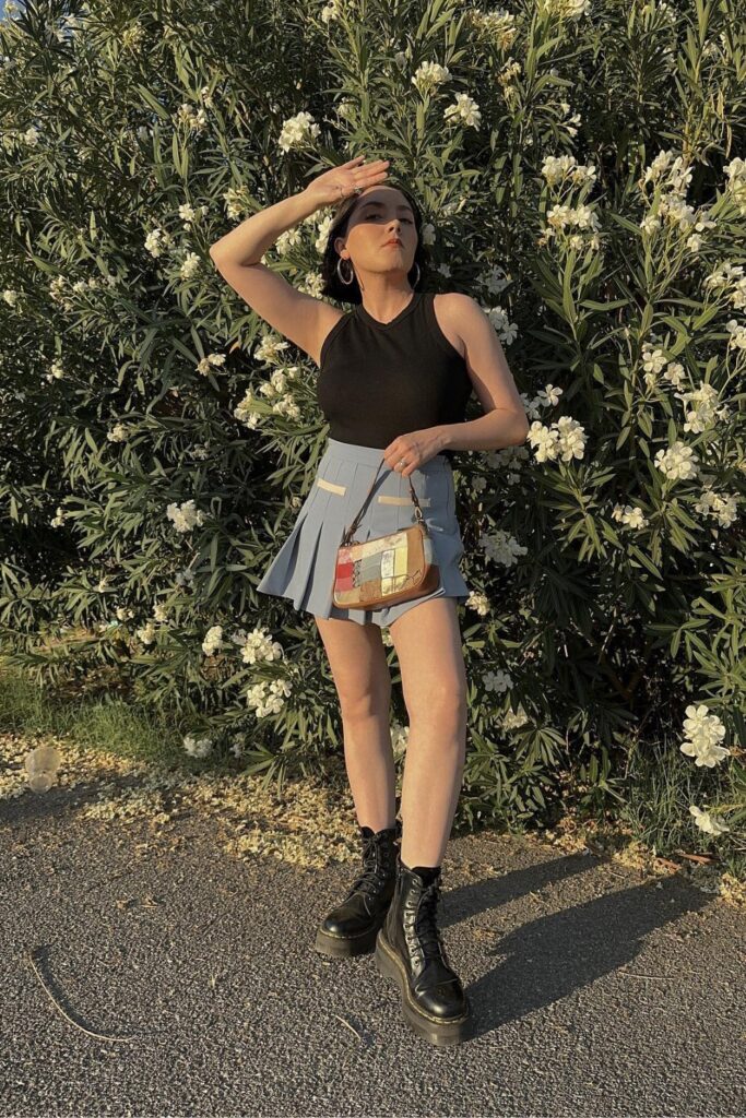 Black Top and Light Blue Skirt