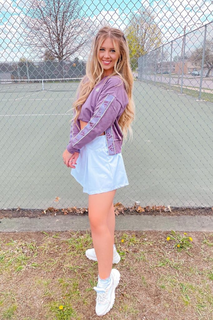 Purple Jacket and Light Blue Skirt