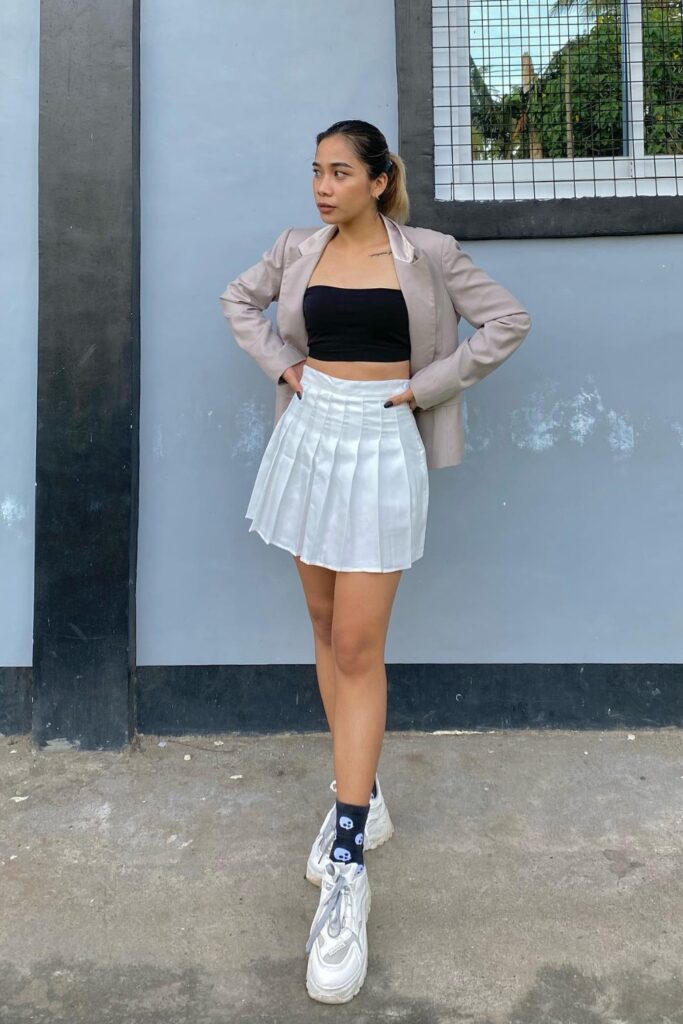 Beige Blazer and White Skirt