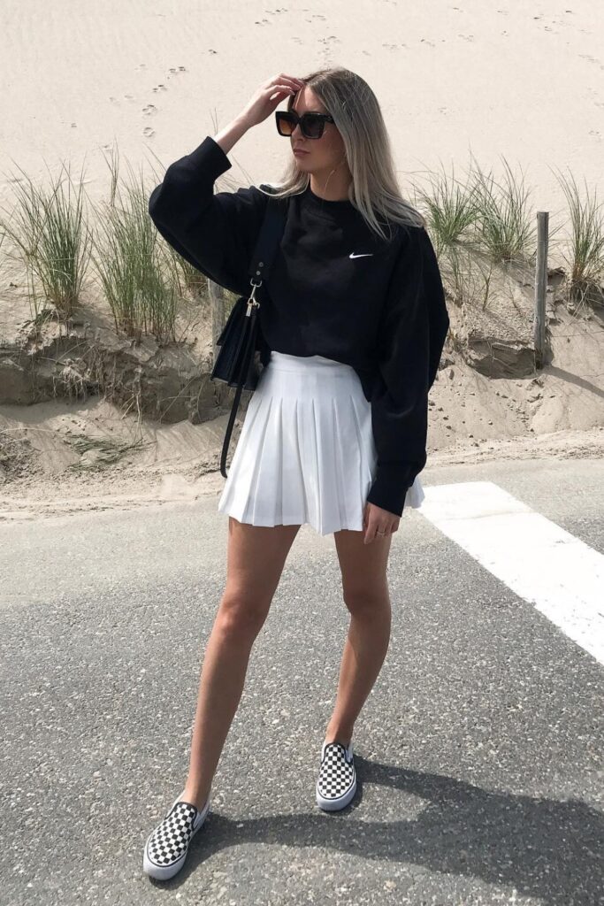 Black Sweatshirt and White Skirt