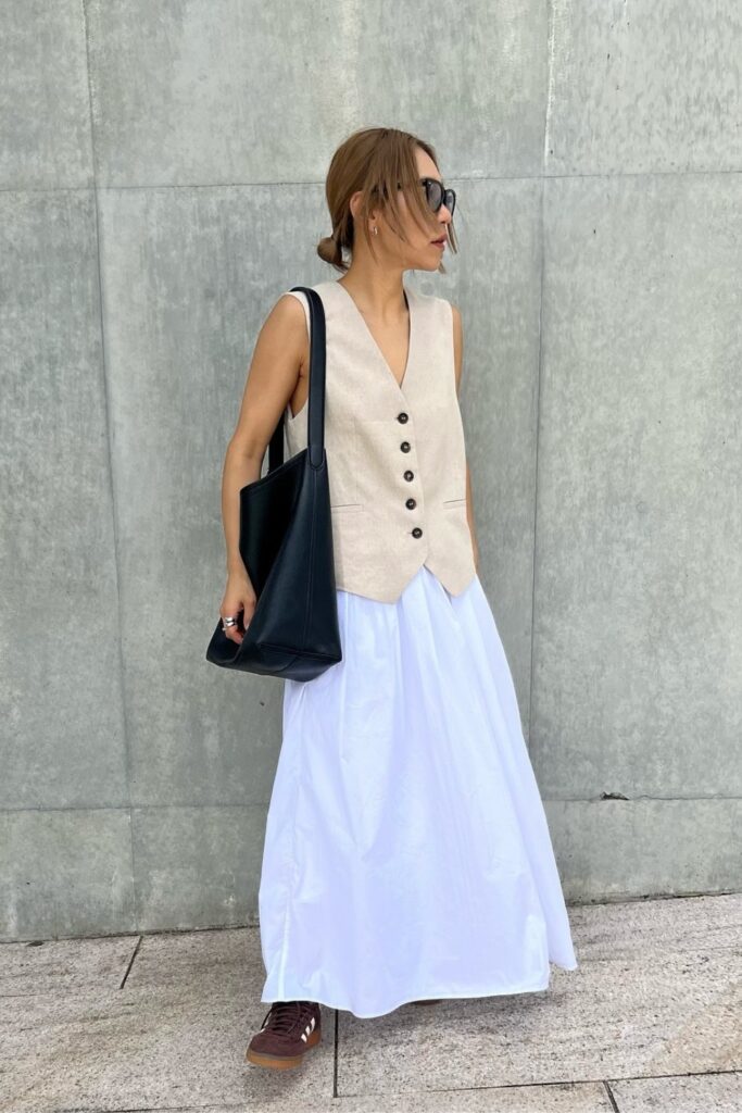 Beige Vest and White Maxi Skirt