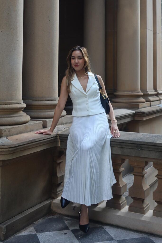 White Vest and Pleated Maxi Skirt