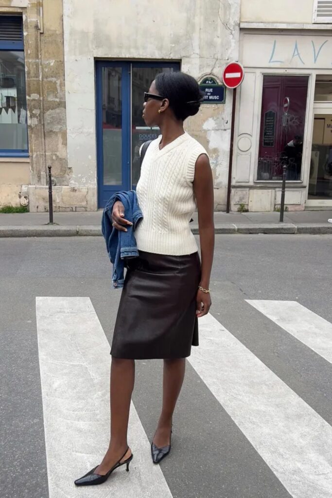 White Vest and Leather Skirt