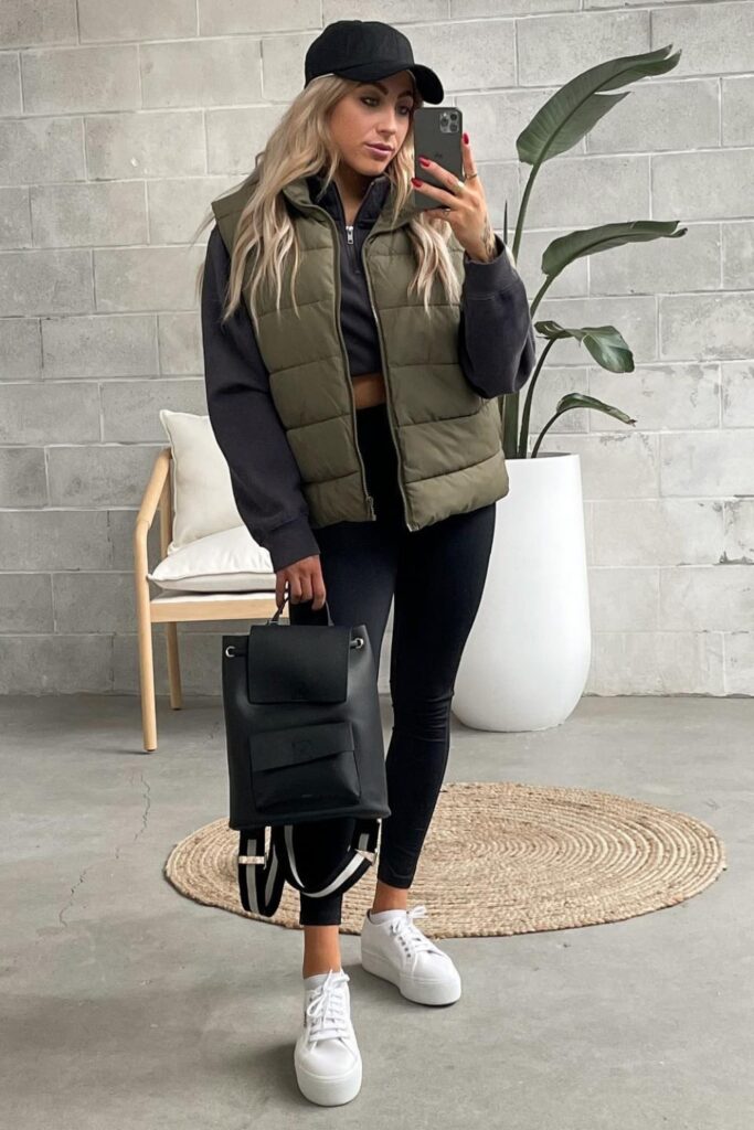 Olive Puffer Vest with Athleisure