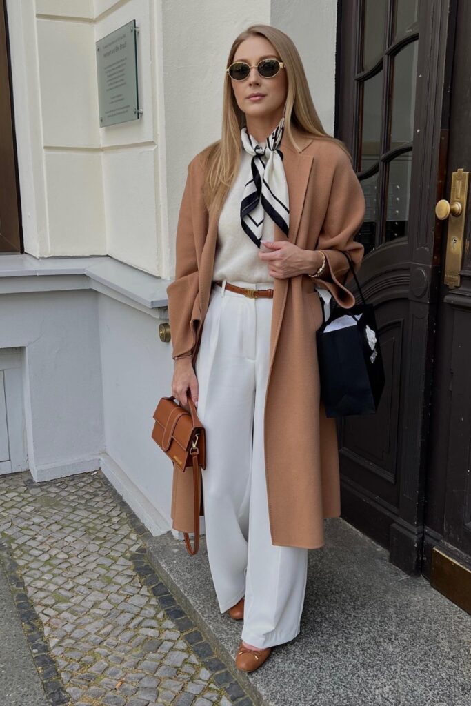 Camel Coat and White Ensemble