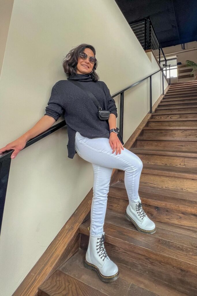 Charcoal Turtleneck and White Jeans