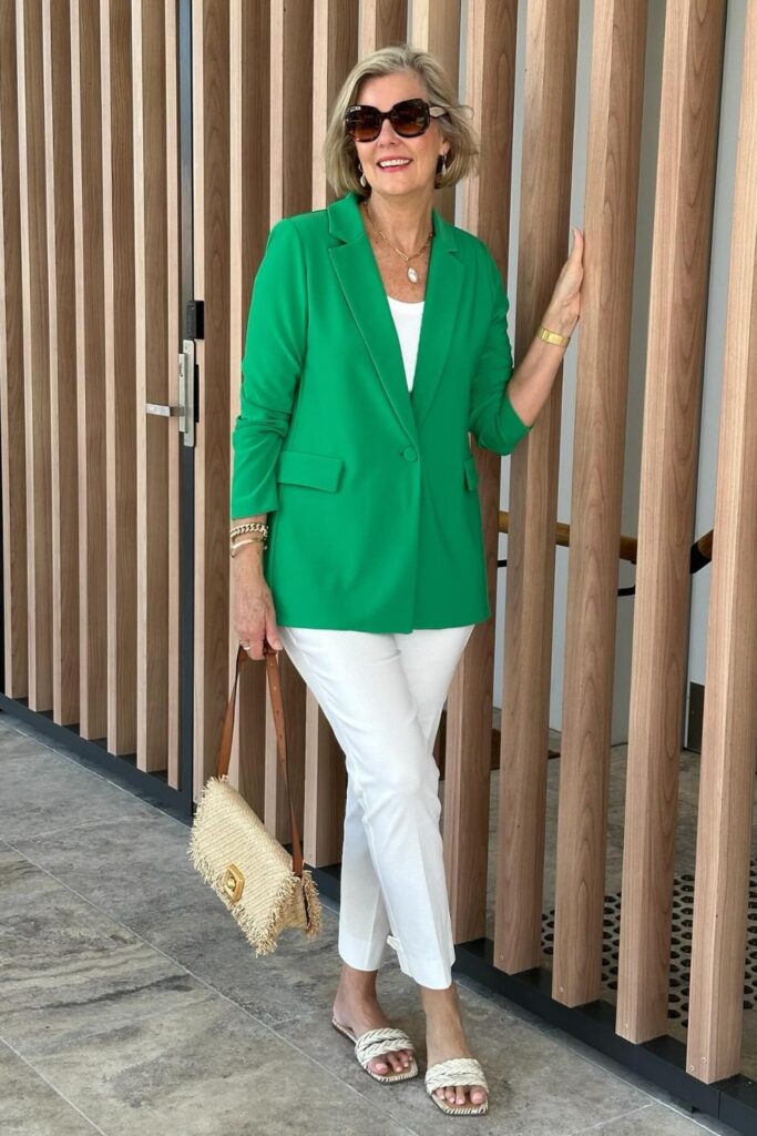 Bright Green Blazer and White Pants