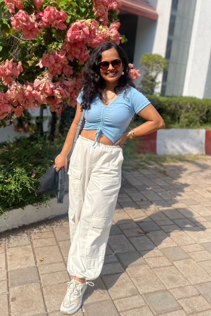 Light Blue Crop Top and White Pants