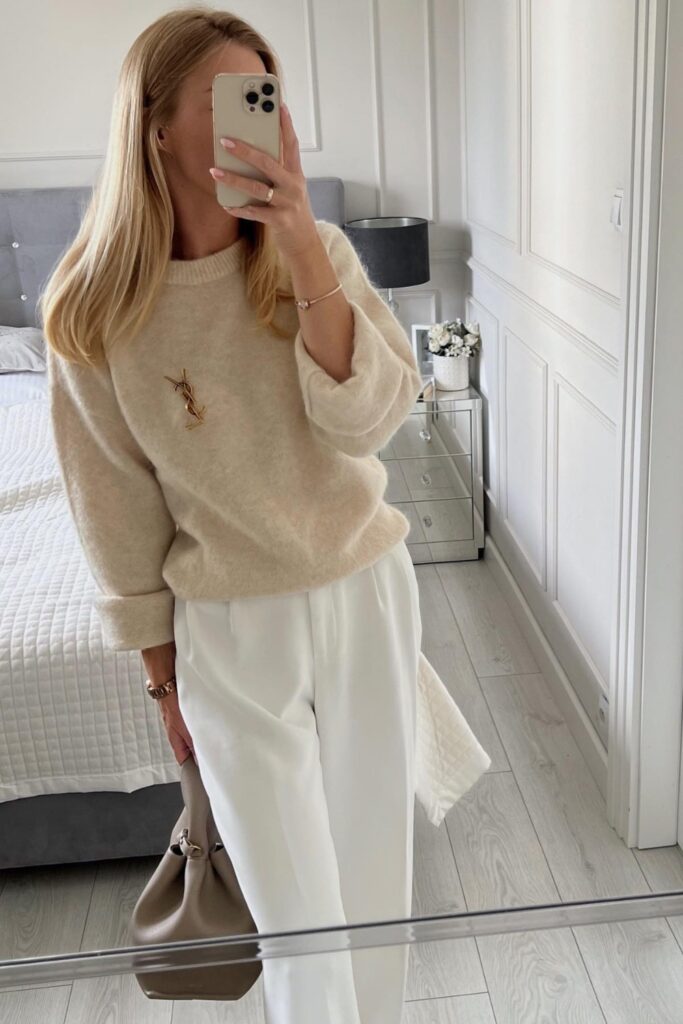 Beige Sweater and White Pants