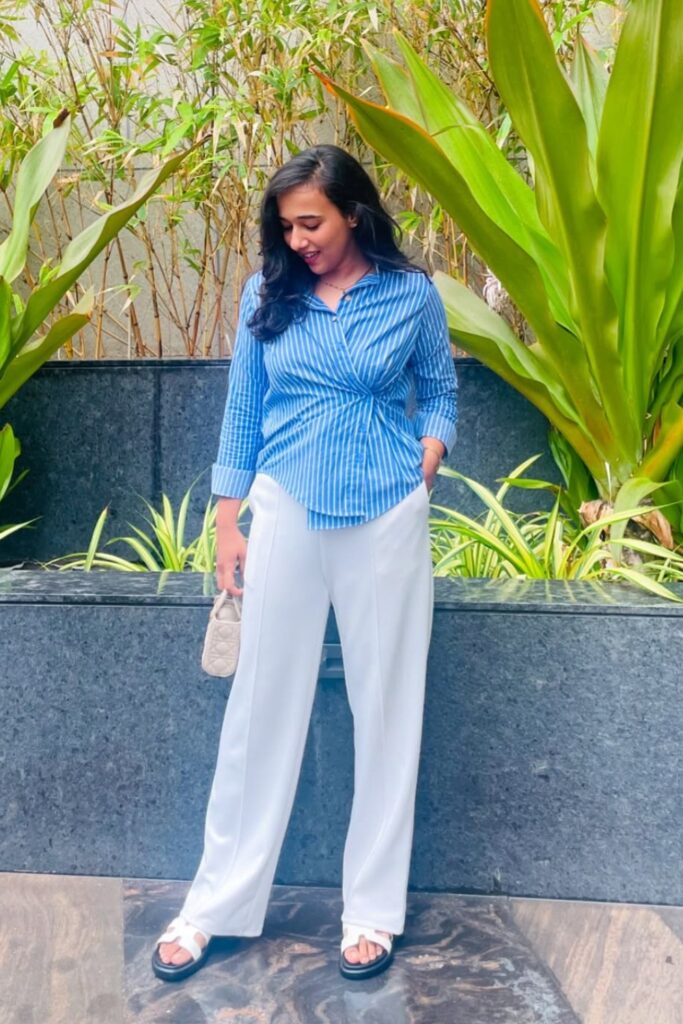 Blue Striped Shirt and White Pants