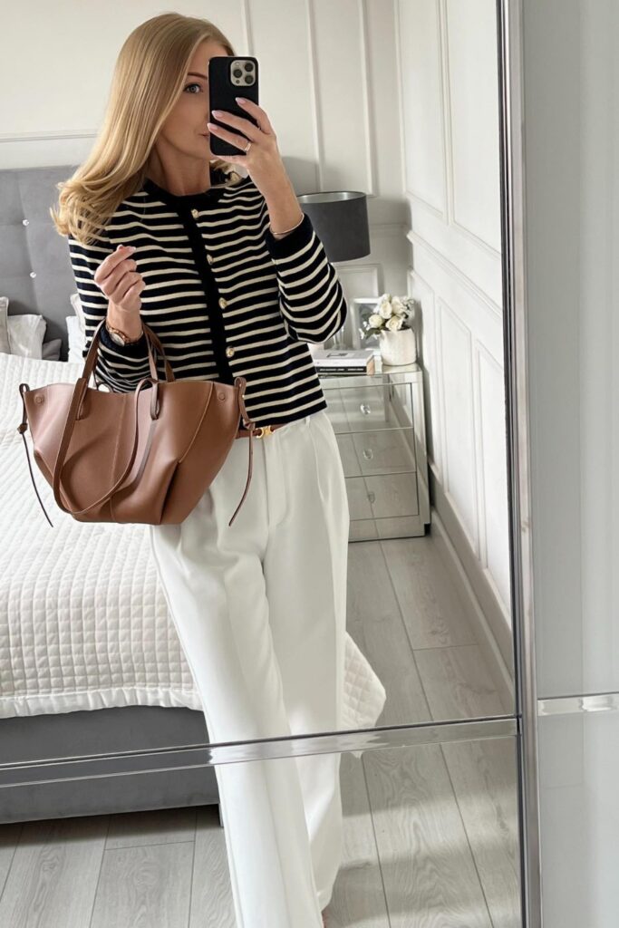 Striped Cardigan and White Pants