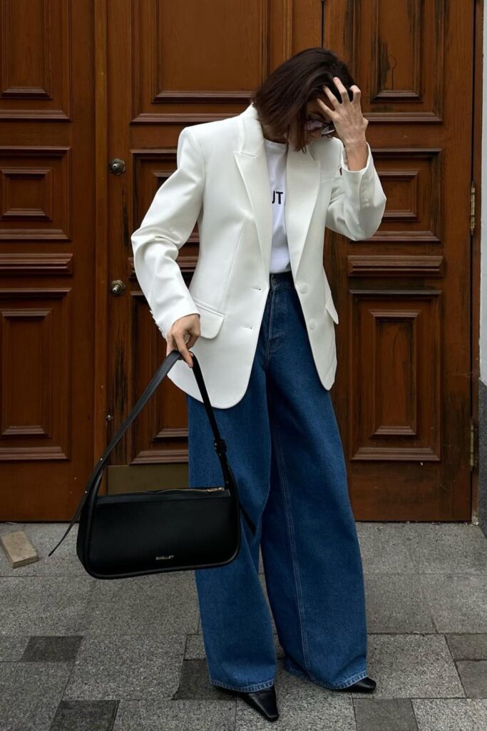 Blazer, White Tee, and Pointed-Toe Pumps