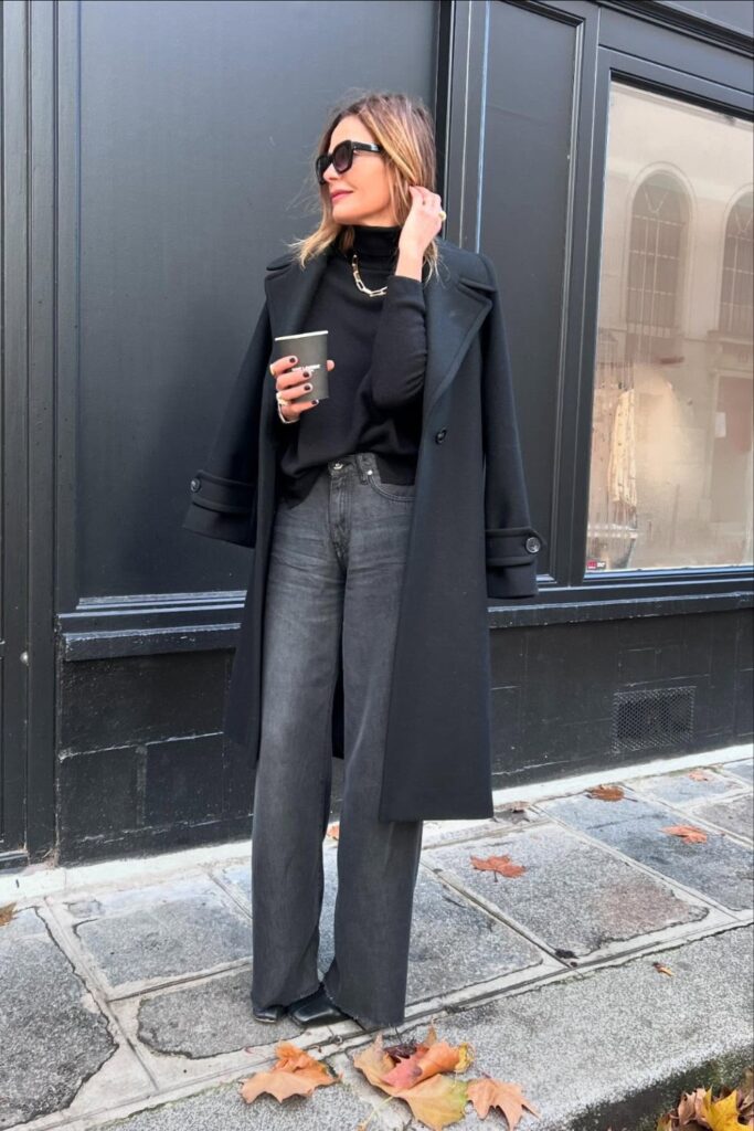 Turtleneck, Long Coat, and Black Shoes