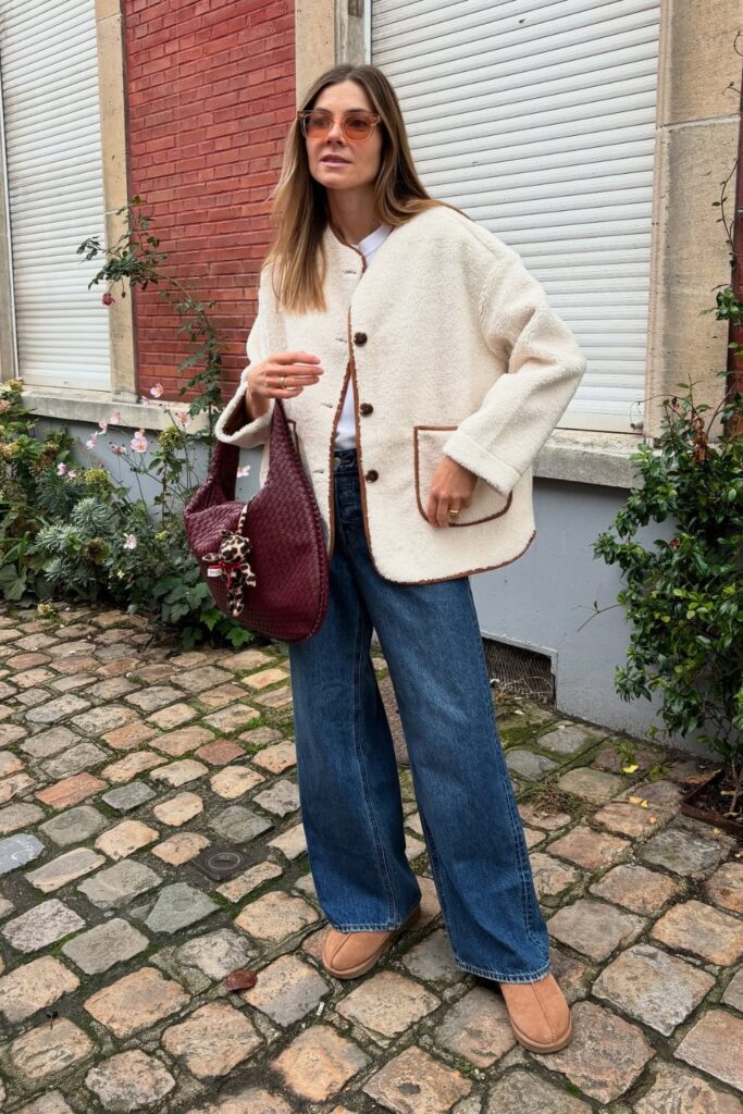 Teddy Jacket, White Tee, and UGG Boots