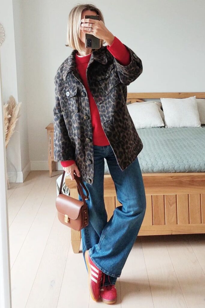 Leopard Jacket, Red Top, and Sneakers