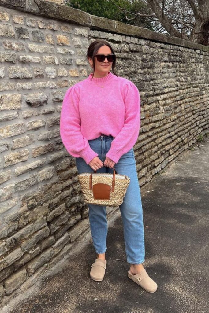 Pink Sweater and Clogs