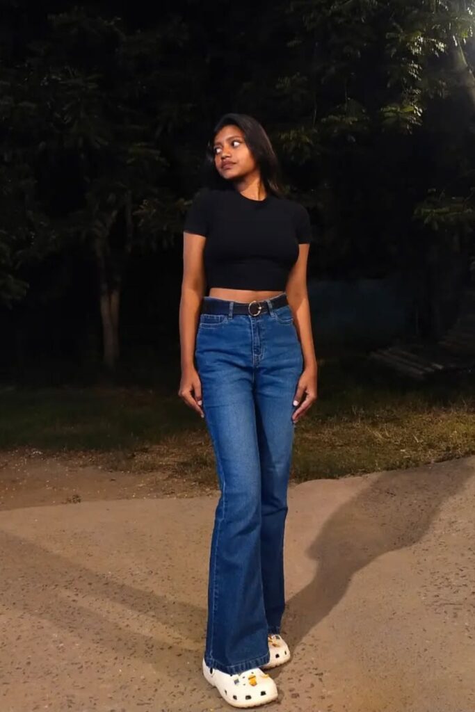 Black Crop Top and Blue Bootcut Jeans