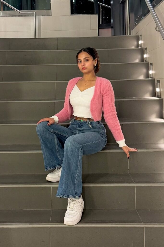 V-Neck Top and Fuzzy Cardigan Combo