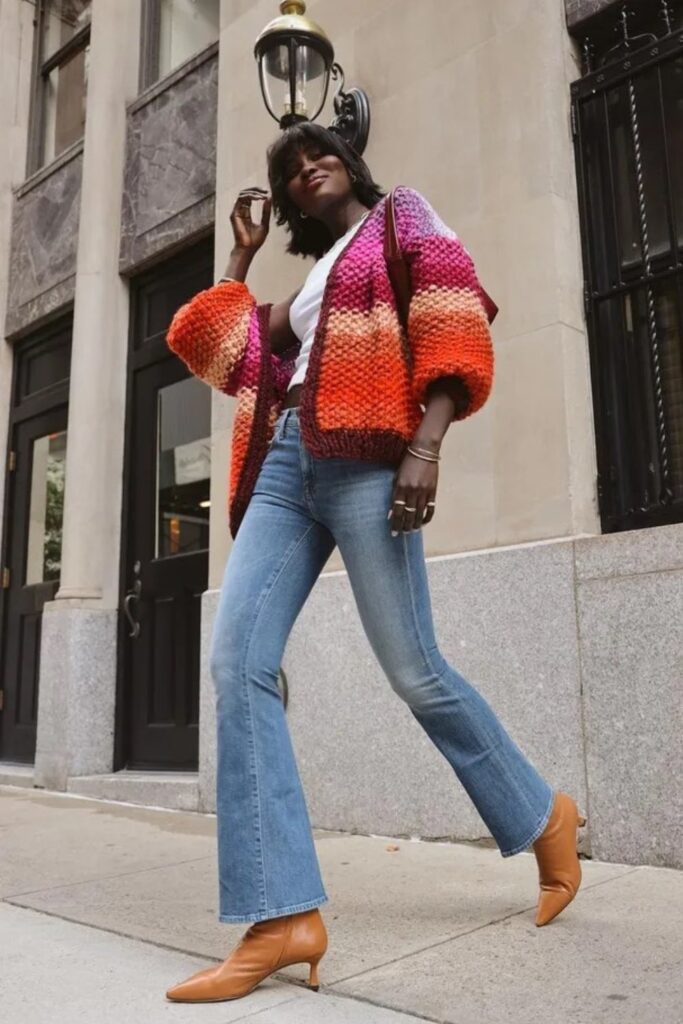 Colorful Cardigan and Ankle Boots