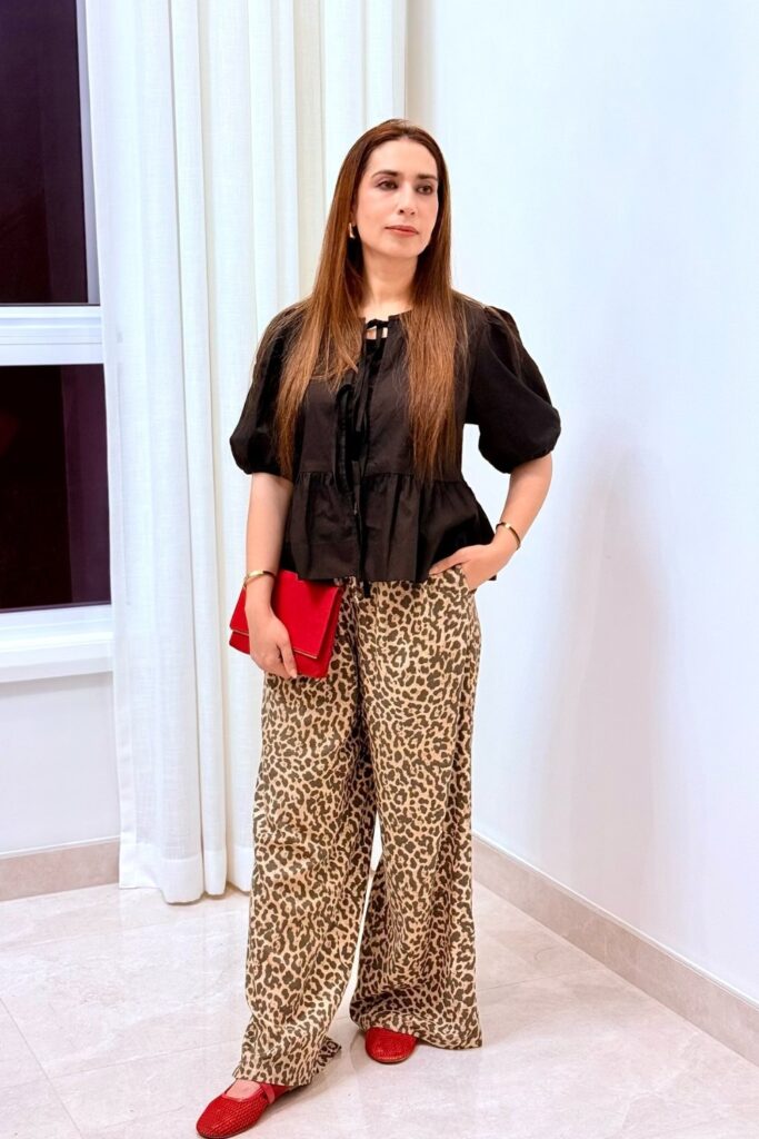 Black Puff-Sleeve Top and Leopard Print Pants