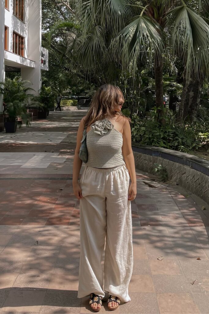 Gray Knit Crop Top and Beige Linen Pants