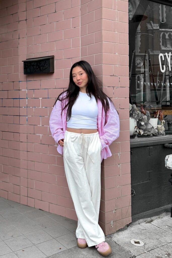 White Crop Top and Pink Oversized Button-Up Shirt