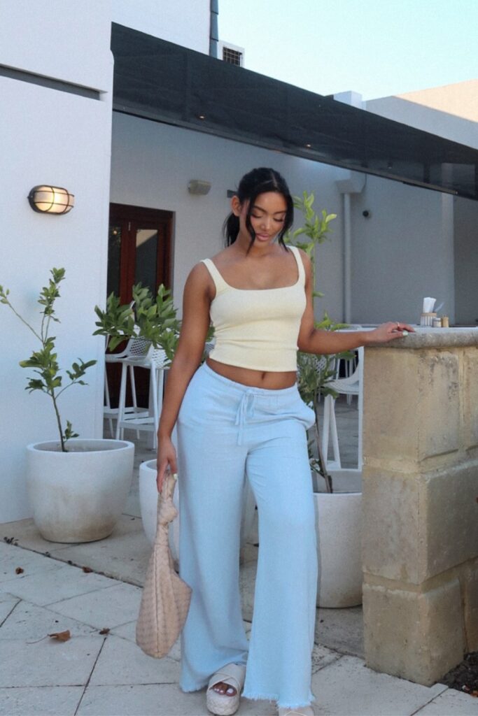 Pale Yellow Crop Top and Light Blue Linen Pants