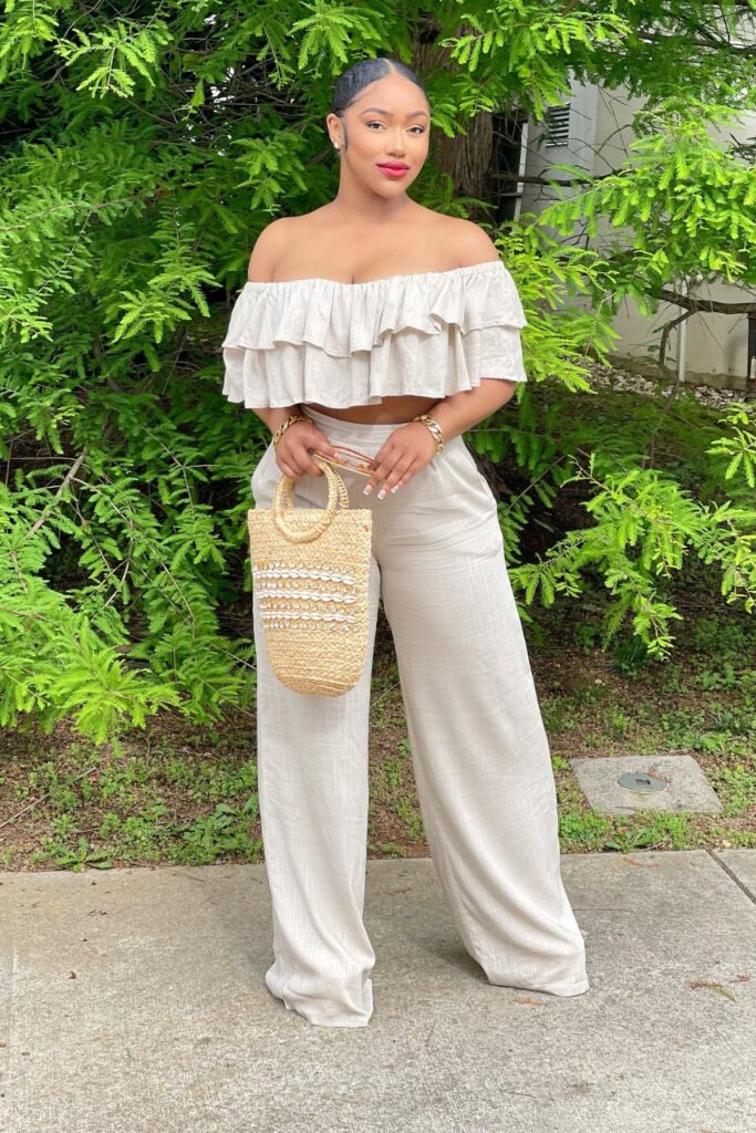 Off-Shoulder Crop Top and Woven Straw Handbag