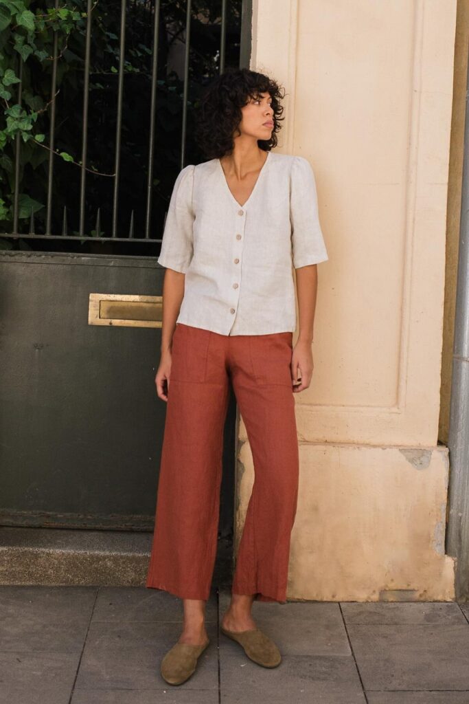 White Button-Up Blouse and Terracotta Linen Pants