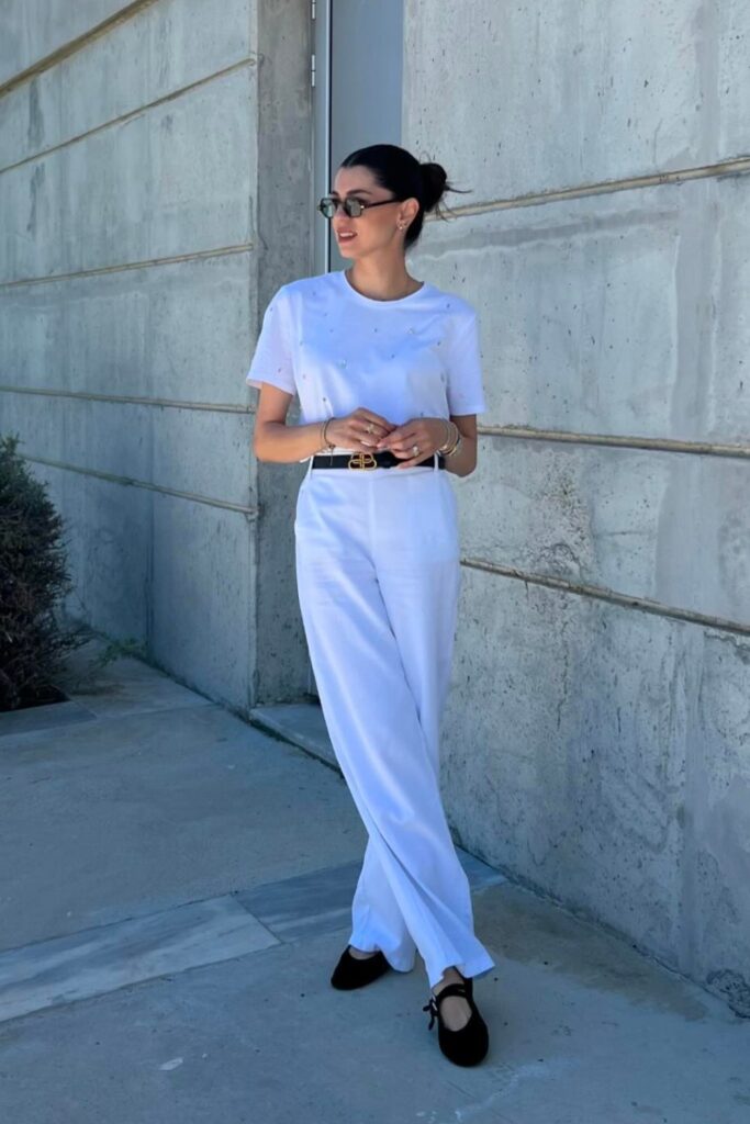 White T-Shirt and Black Ballet Flats