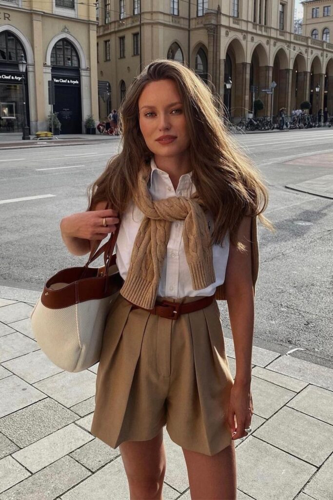 White Button-Up Shirt and Beige Tailored Shorts