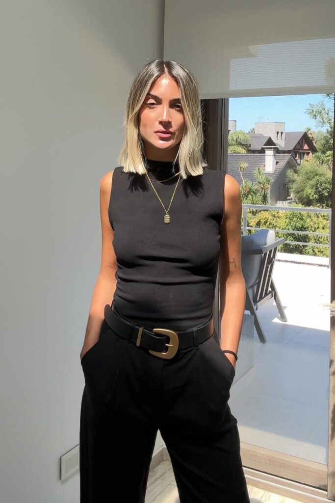 Black Sleeveless Turtleneck Top and Wide-Leg Trousers