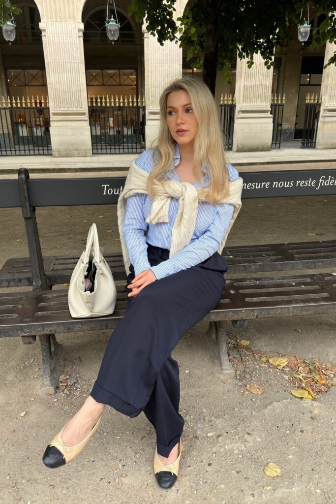 Blue Striped Shirt and Navy Wide-Leg Trousers