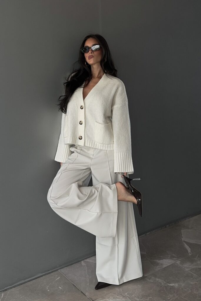 White Cropped Cardigan and Wide-Leg Trousers