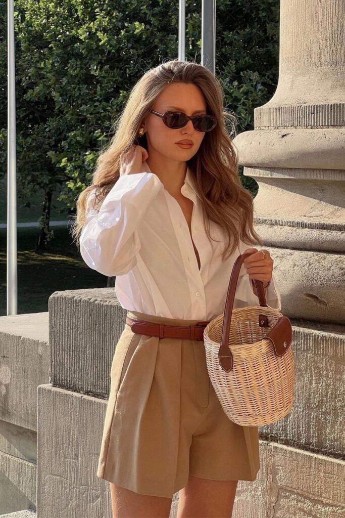 White Shirt and Beige High-Waisted Shorts