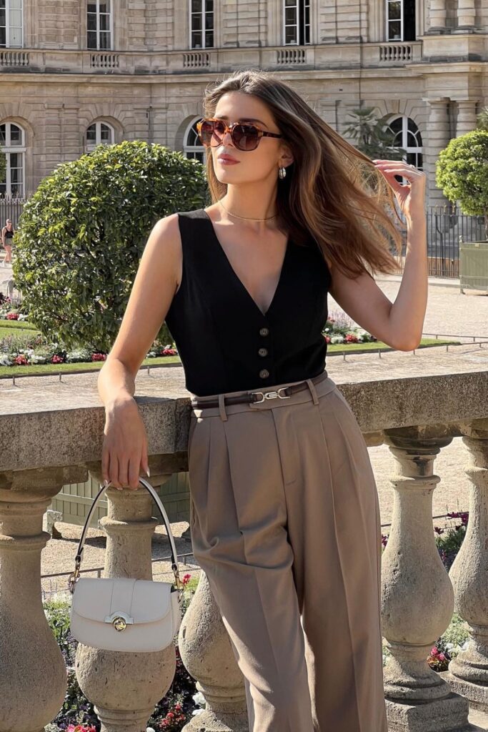 Black Button-Up Vest and Beige Wide-Leg Trousers