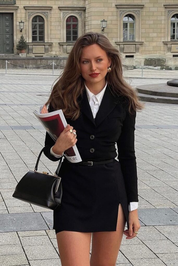 White Button-Up Shirt and Black Cropped Blazer