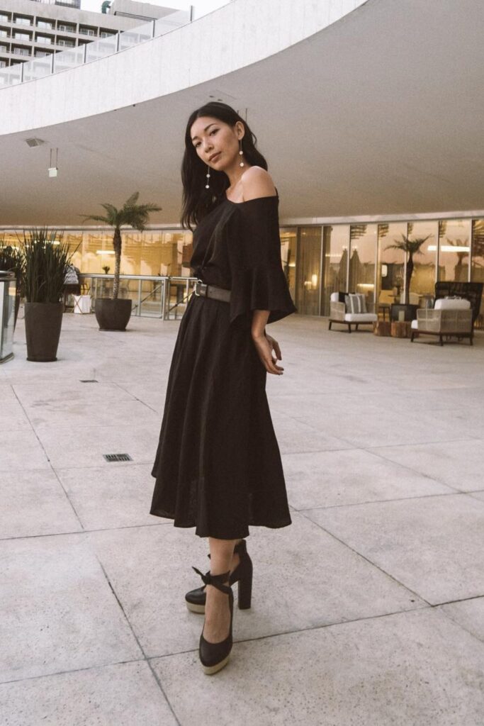 Black Off-Shoulder Midi Dress