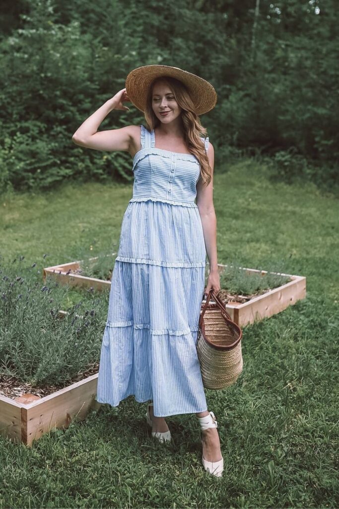 Blue Striped Maxi Dress and Wedges