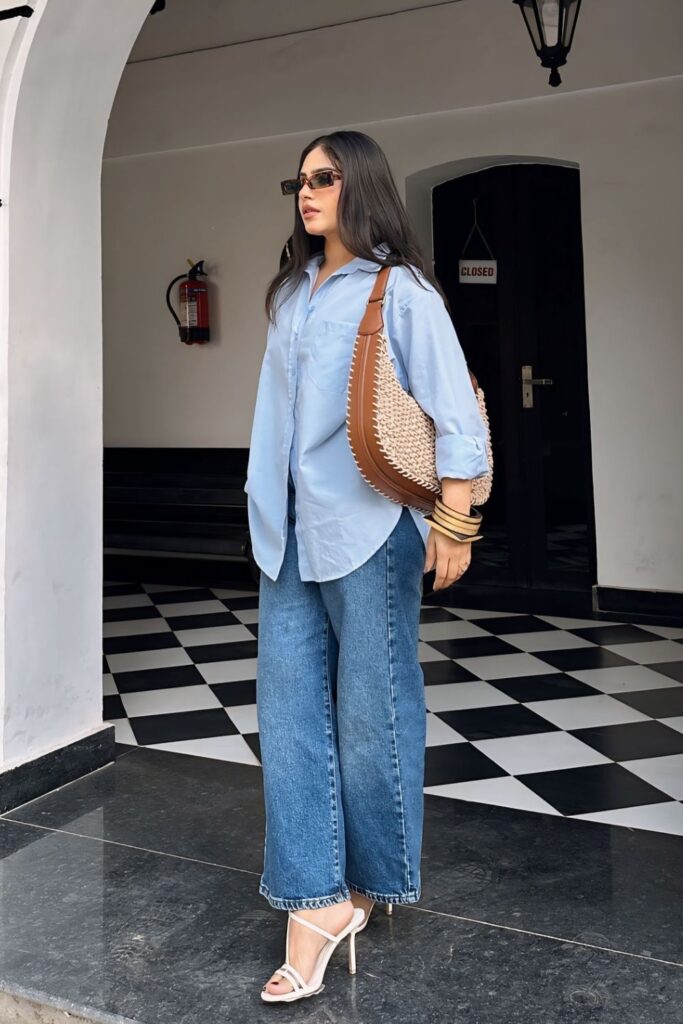 Light Blue Shirt with Jeans and Heels