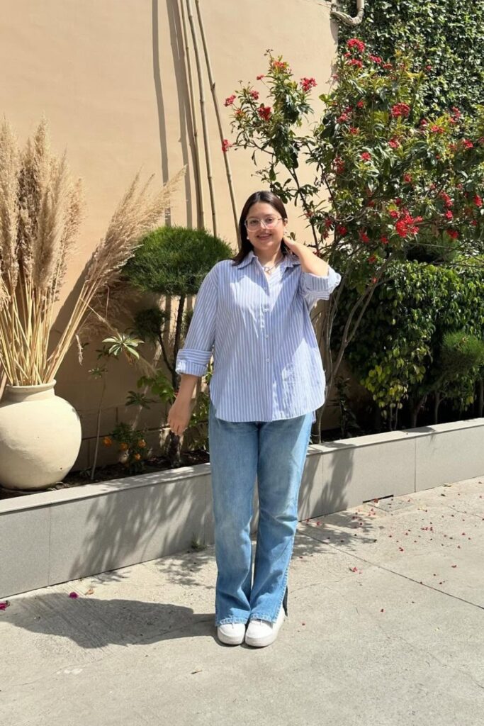 Blue-White Striped Shirt with Wide-Leg Jeans