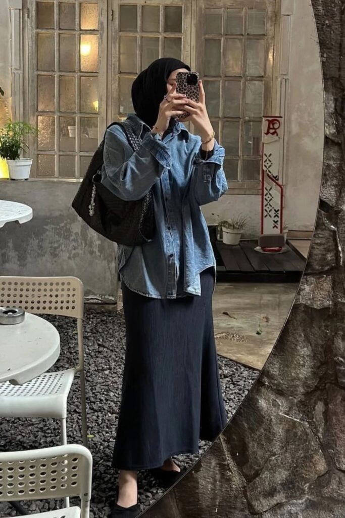 Light Blue Oversized Shirt with Black Maxi Skirt