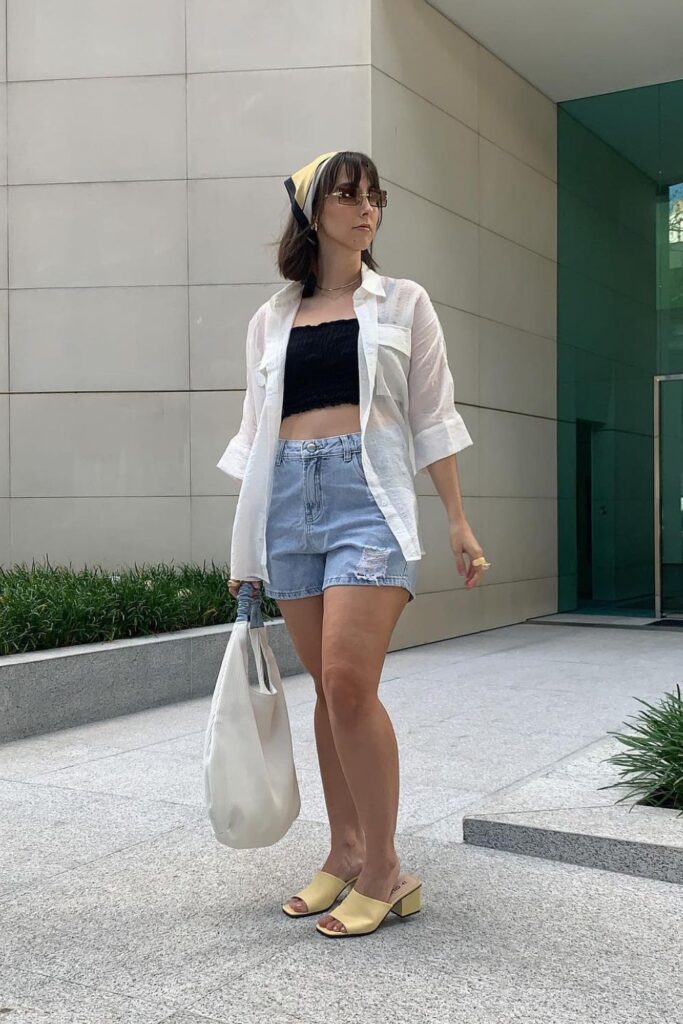 White Button-Up with Denim Shorts