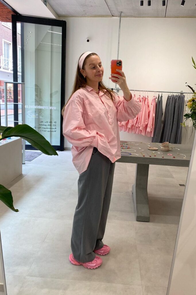 Oversized Pink Shirt with Gray Pants