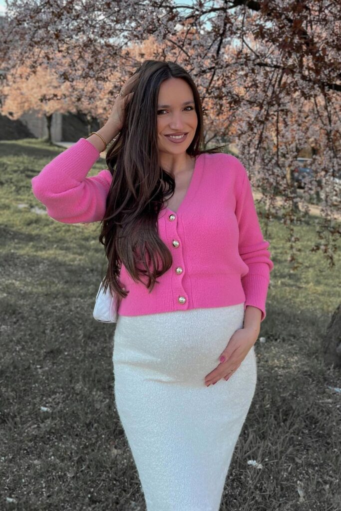 Bright Cardigan and White Skirt