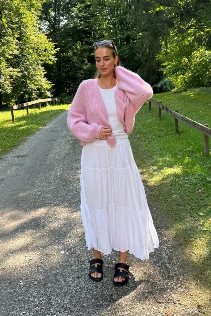 Fuzzy Cardigan and Tiered Maxi Skirt