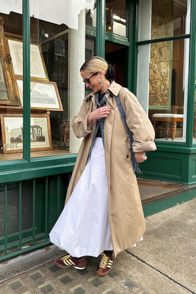 Trench Coat over White Maxi Dress